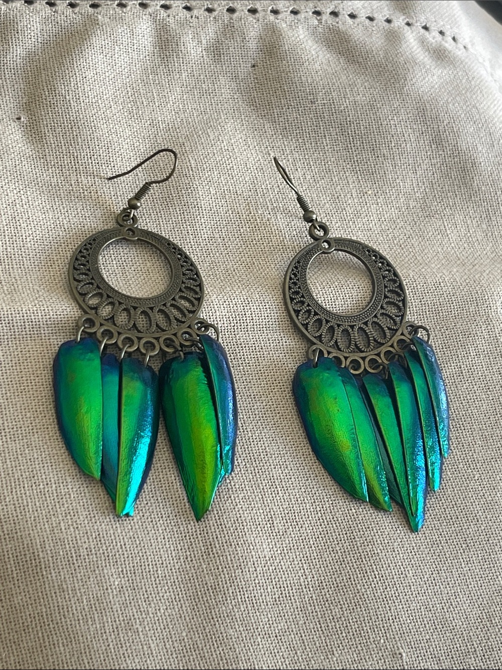 Handcrafted Green-Blue Iridescent real beetle shell Drop Earrings